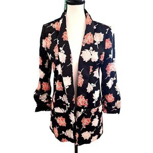 Calvin Klein Blazer Womens 6 Black Floral Open Front Lined‎ CK Shawl Collar